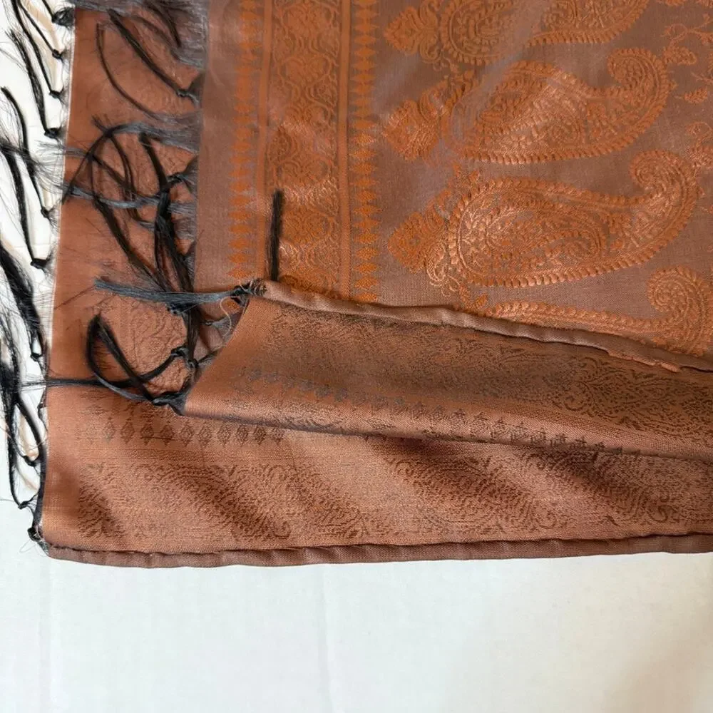 Silk Paisley Pashmina Shawl Wrap OS Brown Fringe Vintage Fall Boho Cottagecore
